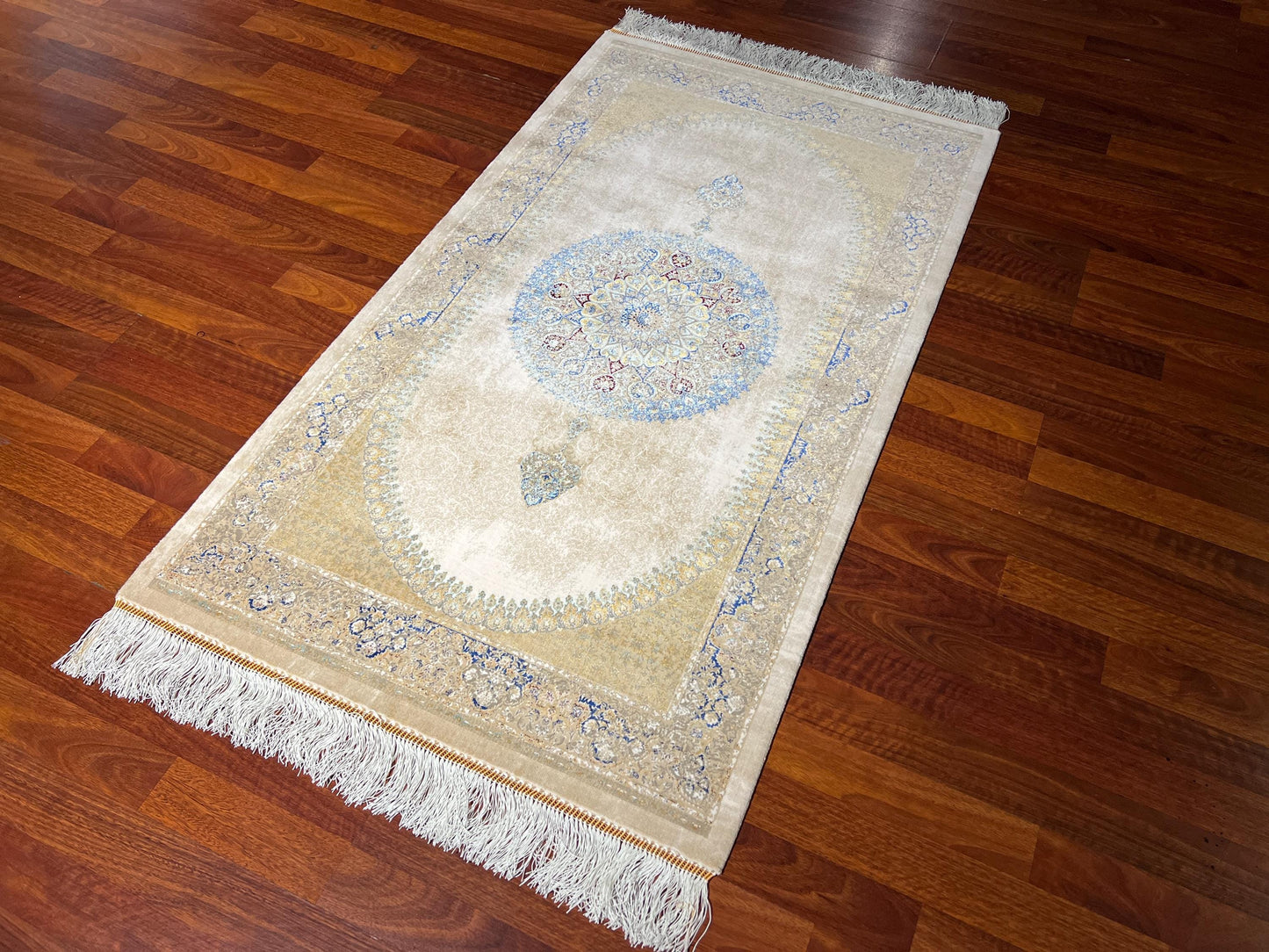 Beige Medallion Hallway Silk Rug, 3x5 Area Rug, Modal Silk Rug, Luxury Turkish Rug