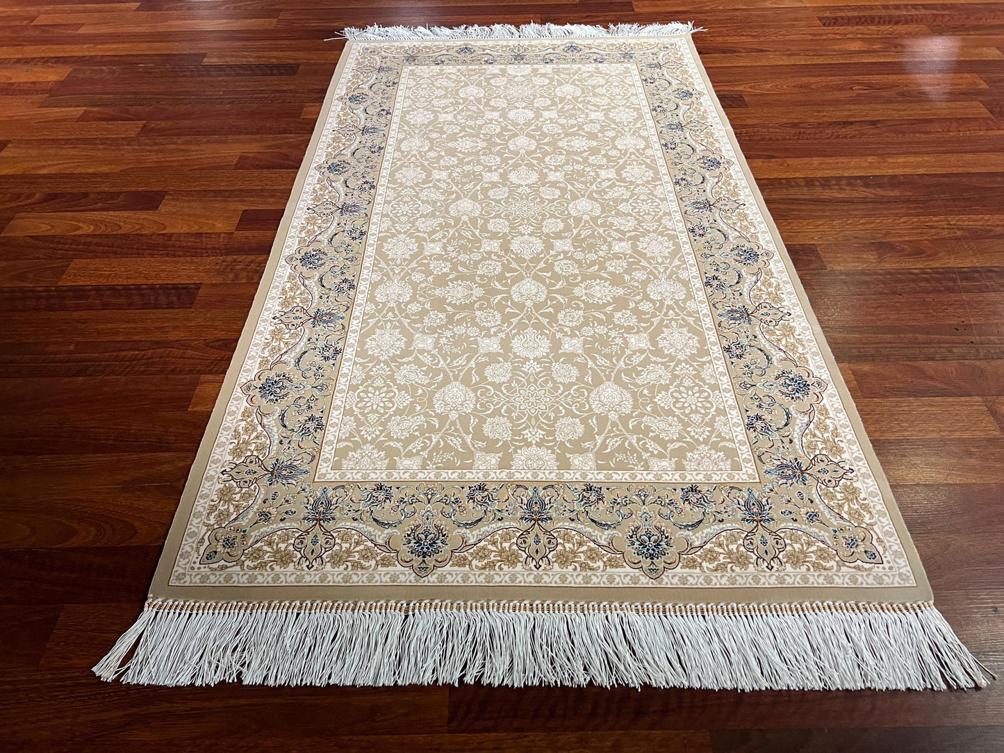 Beige Gold Floral Silk Rug, 3x5 Area Rug, Hallway Runner Rug, Luxury Home Decor
