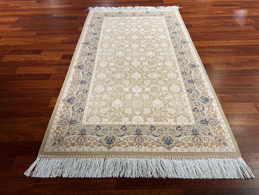 Beige Gold Floral Silk Rug, 3x5 Area Rug, Hallway Runner Rug, Luxury Home Decor