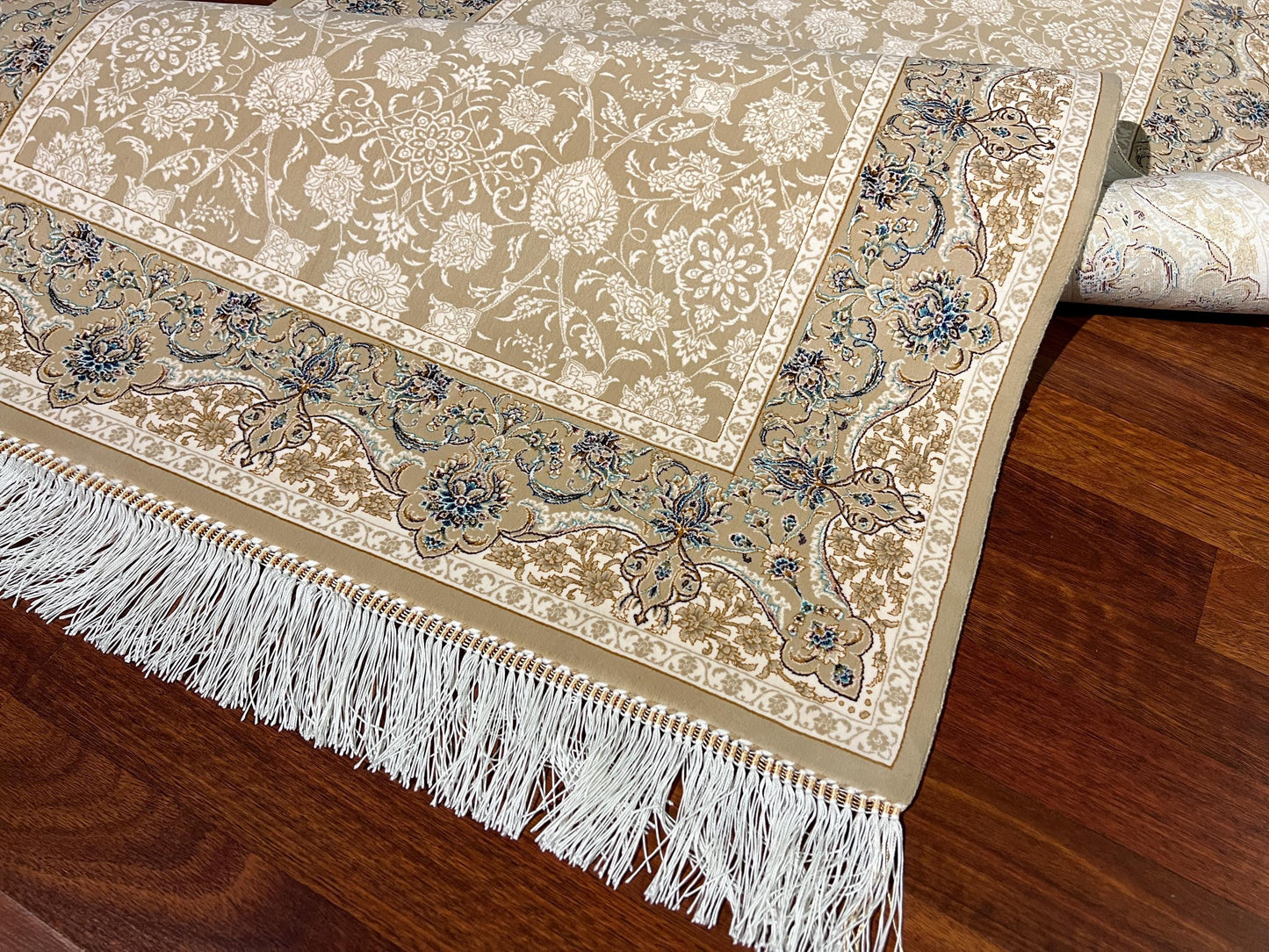 Beige Gold Floral Silk Rug, 3x5 Area Rug, Hallway Runner Rug, Luxury Home Decor