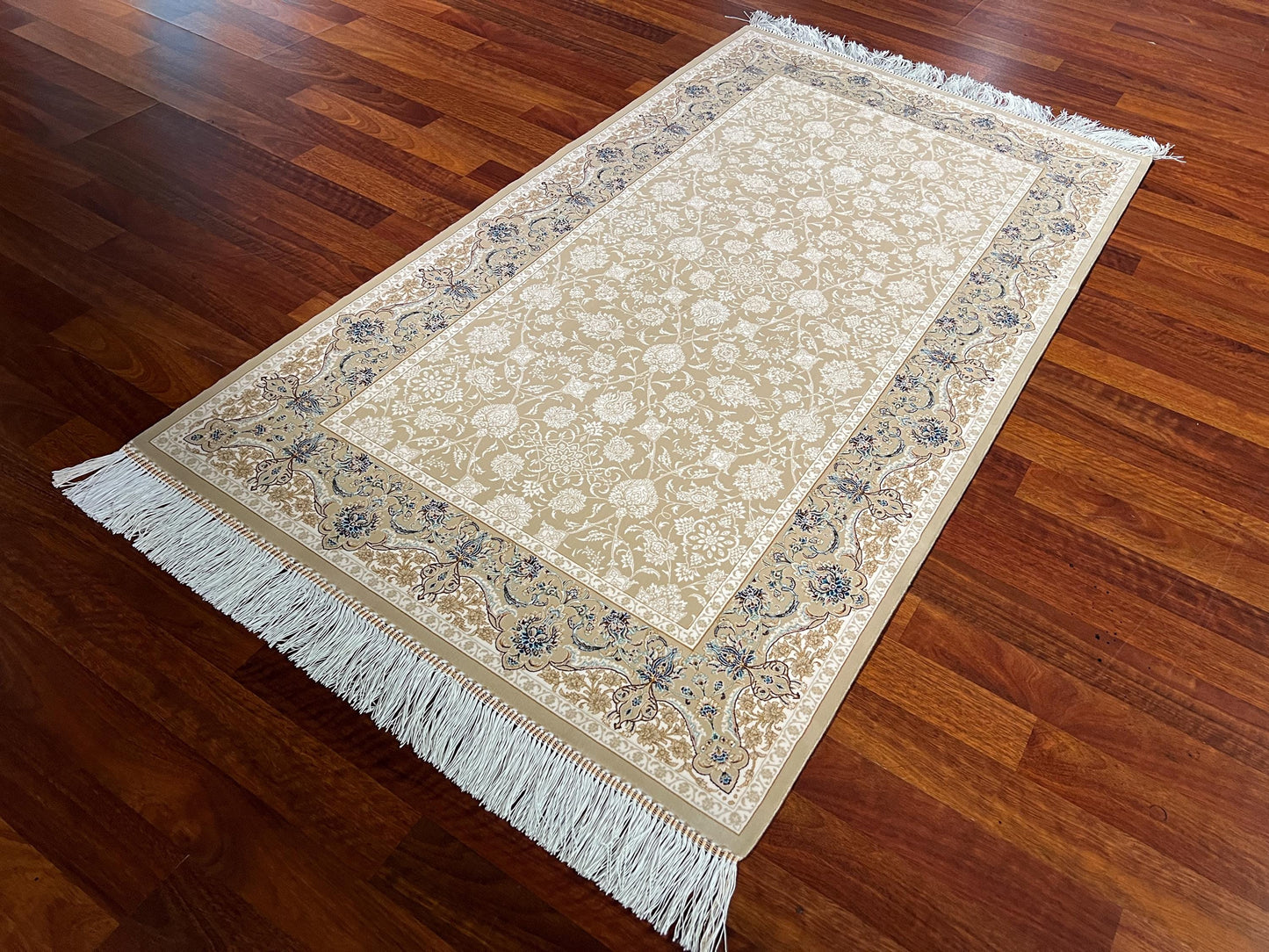 Beige Gold Floral Silk Rug, 3x5 Area Rug, Hallway Runner Rug, Luxury Home Decor
