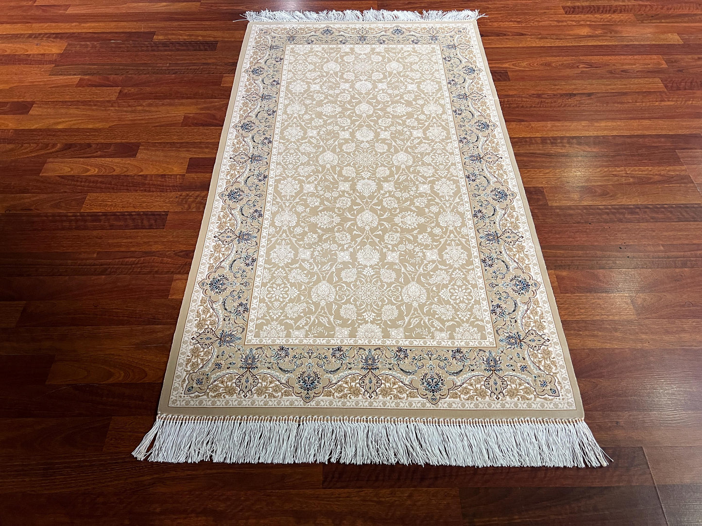 Beige Gold Floral Silk Rug, 3x5 Area Rug, Hallway Runner Rug, Luxury Home Decor