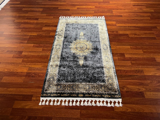 Gray Gold Vintage Silk Rug, 3x5 Area Rug, Hallway Runner Rug, Luxury Home Decor