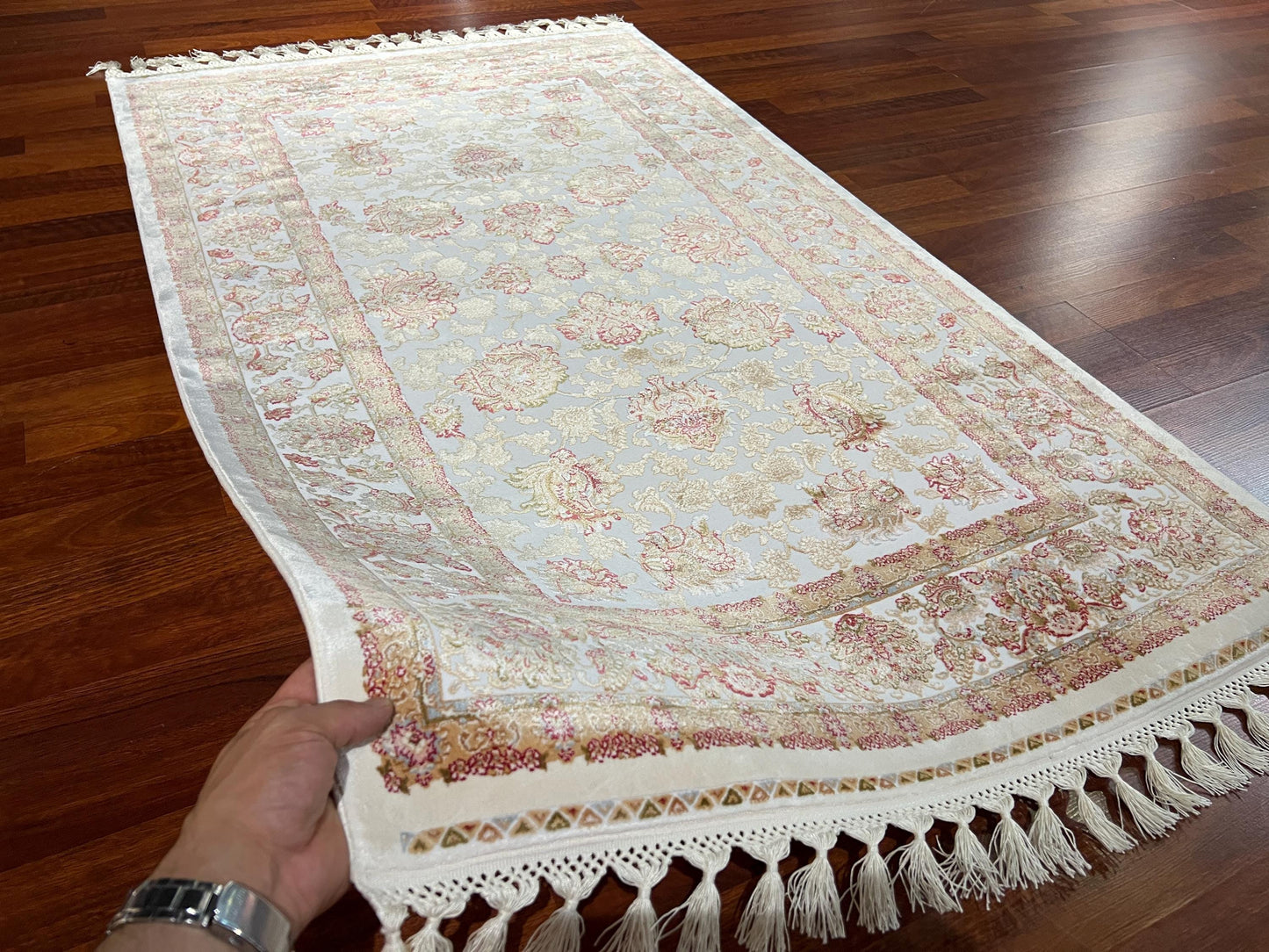 Beige Floral Silk Rug, 3x5 Area Rug, Hallway Runner Rug, Elegant Home Decor