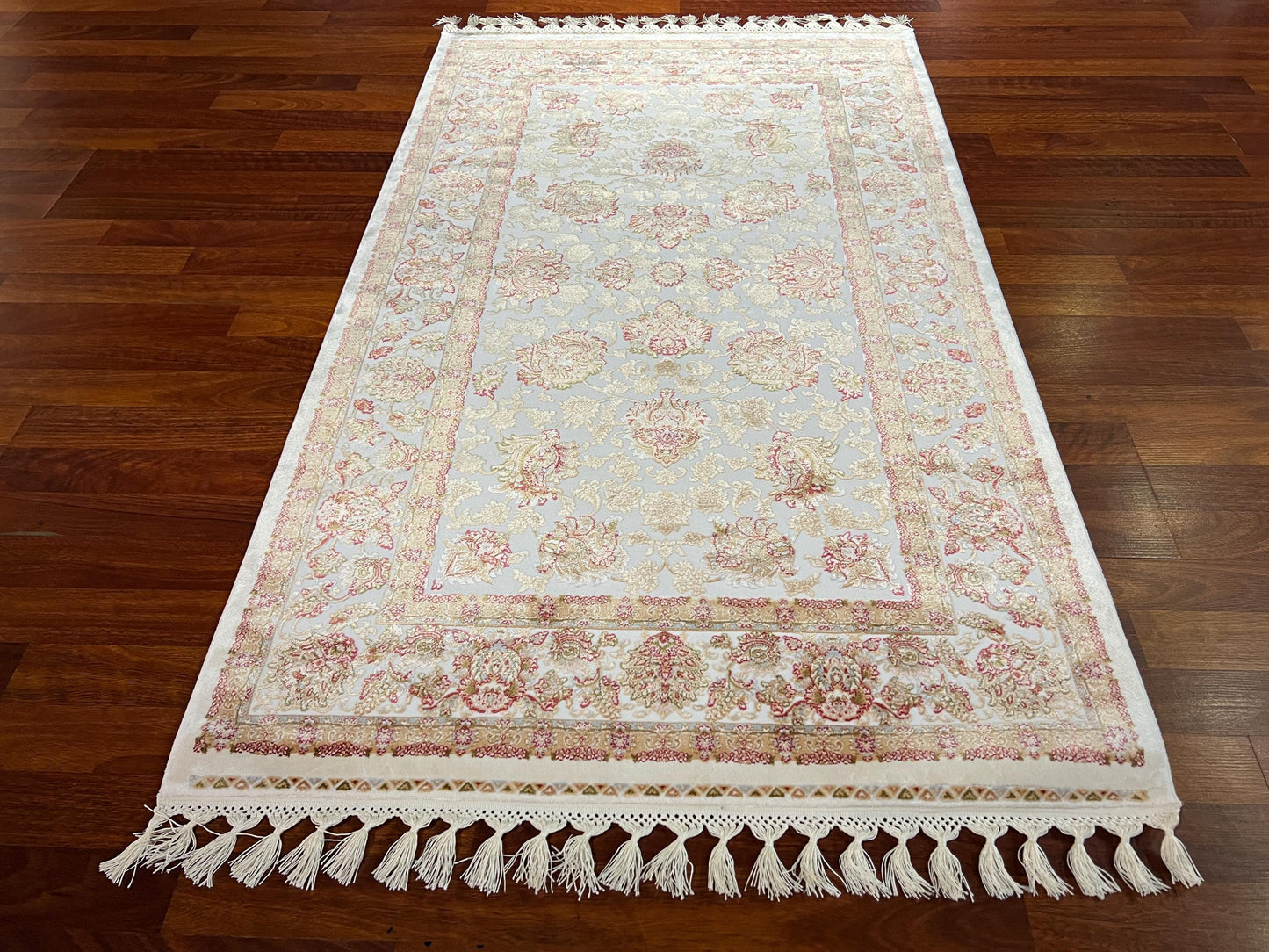 Beige Floral Silk Rug, 3x5 Area Rug, Hallway Runner Rug, Elegant Home Decor