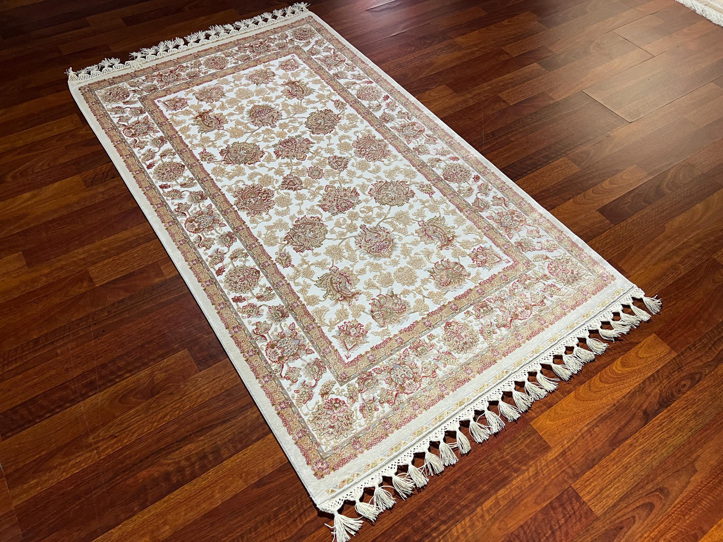 Beige Floral Silk Rug, 3x5 Area Rug, Hallway Runner Rug, Elegant Home Decor