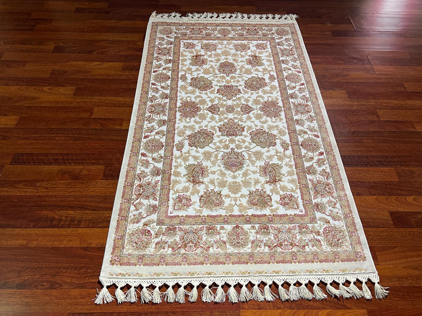 Beige Floral Silk Rug, 3x5 Area Rug, Hallway Runner Rug, Elegant Home Decor