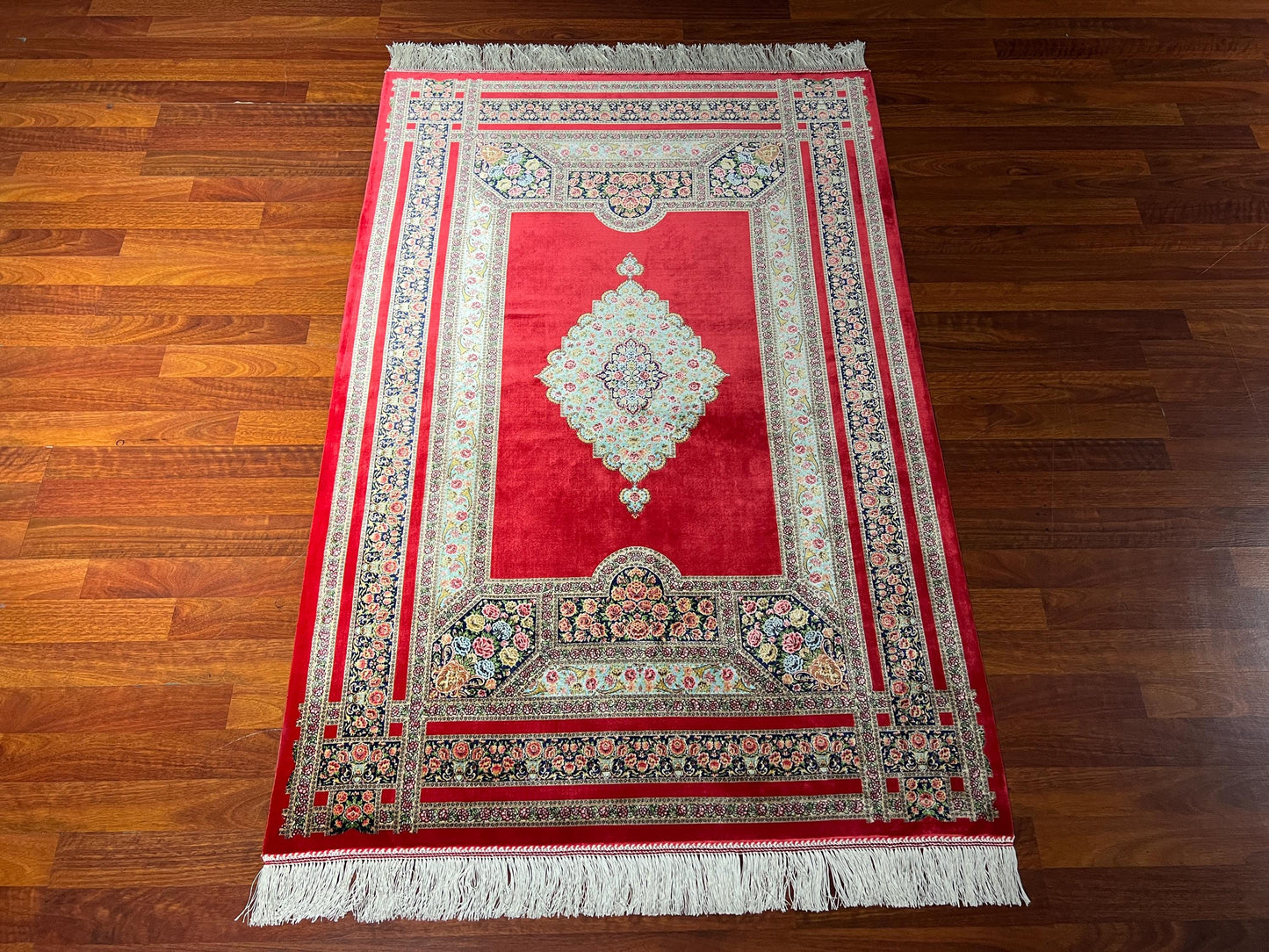 Red Medallion Silk Rug, 3x5 Area Rug, Hallway Runner Rug, Turkish Decor