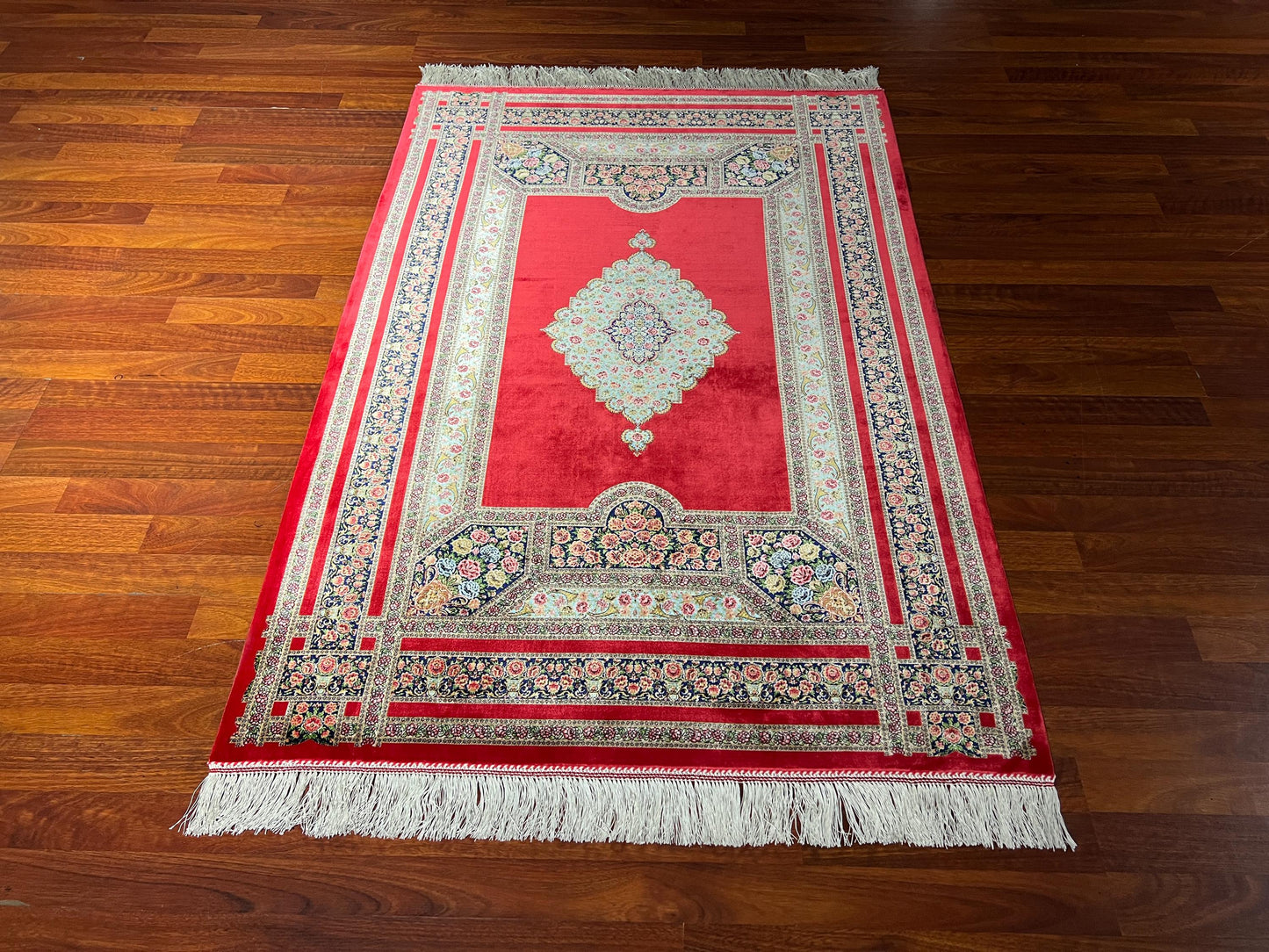 Red Medallion Silk Rug, 3x5 Area Rug, Hallway Runner Rug, Turkish Decor
