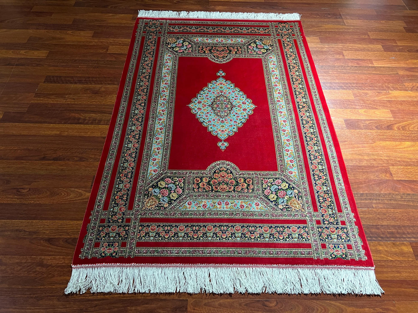 Red Medallion Silk Rug, 3x5 Area Rug, Hallway Runner Rug, Turkish Decor