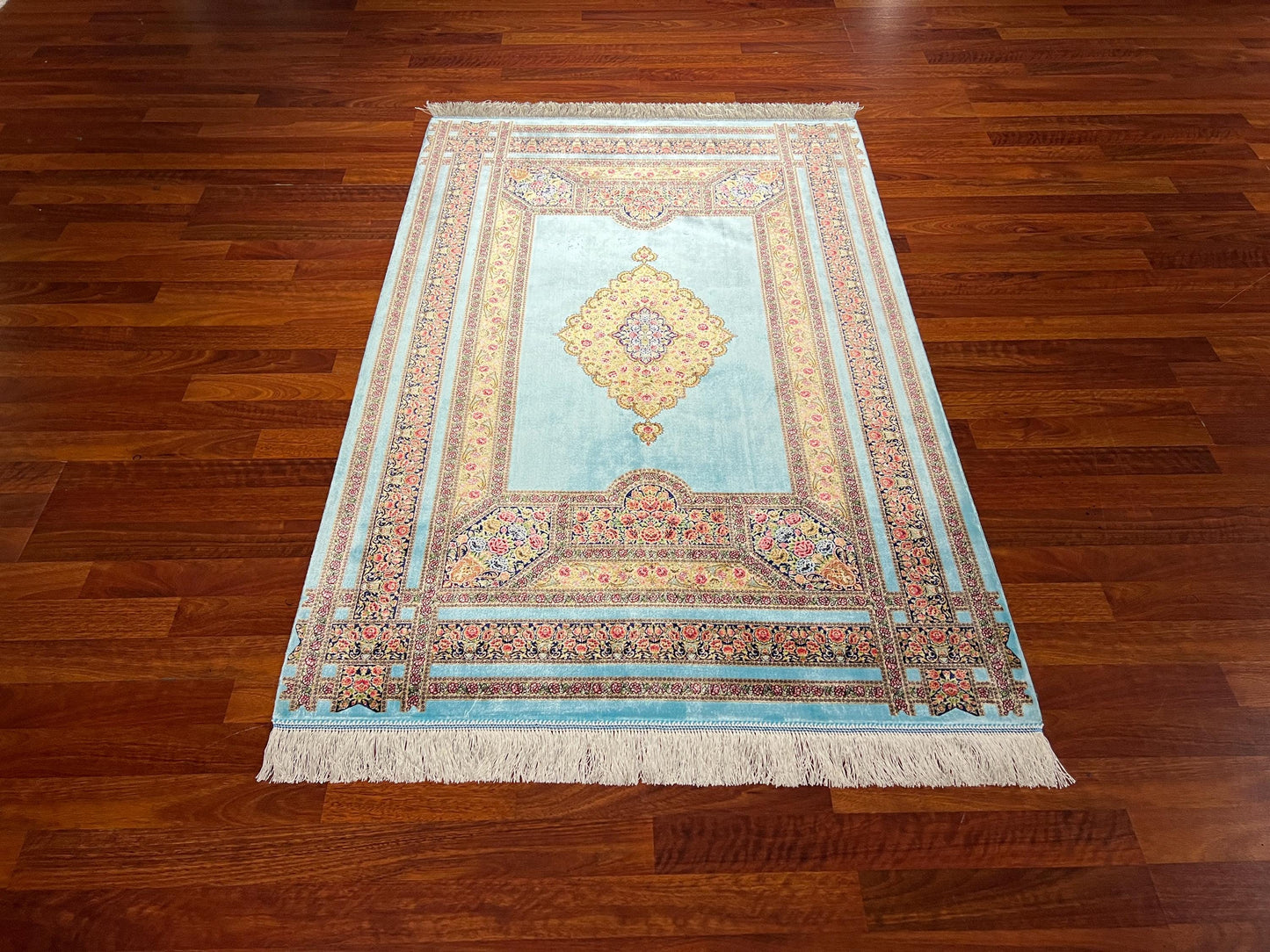 Turquoise Floral Silk Rug, 3x5 Area Rug, Hallway Runner Rug, Turkish Decor