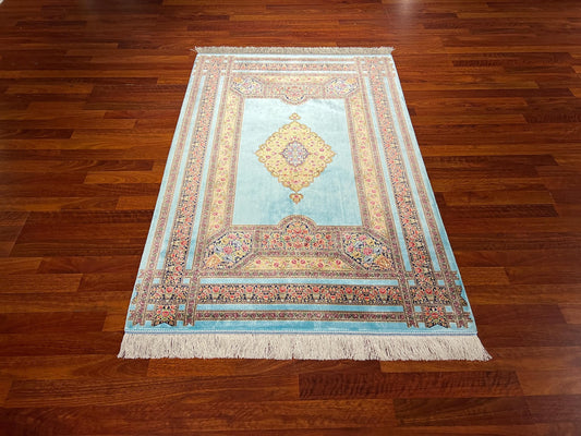 Turquoise Floral Silk Rug, 3x5 Area Rug, Hallway Runner Rug, Turkish Decor