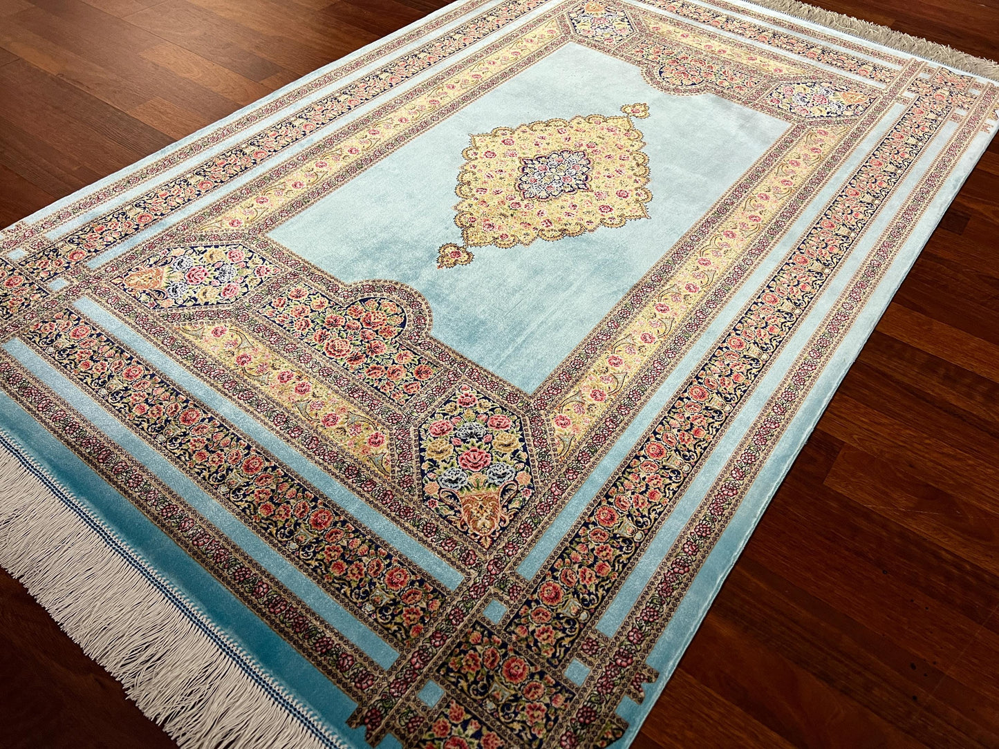 Turquoise Floral Silk Rug, 3x5 Area Rug, Hallway Runner Rug, Turkish Decor