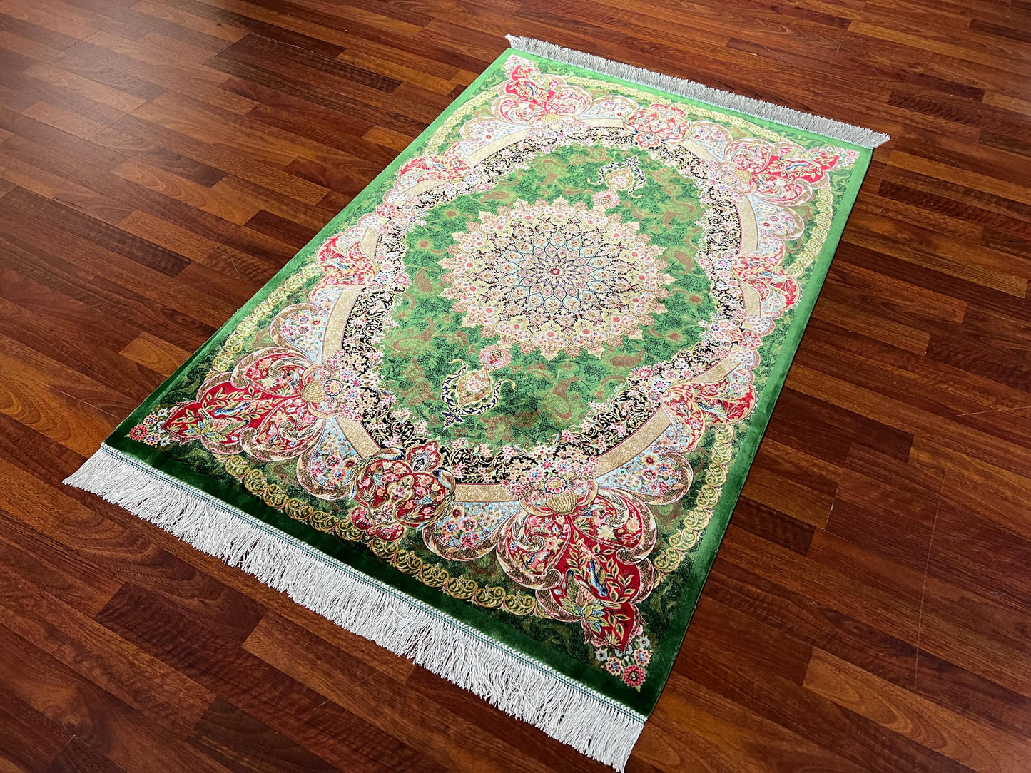 Green Medallion Silk Rug, 3x5 Area Rug, Hallway Runner Rug, Luxury Decor