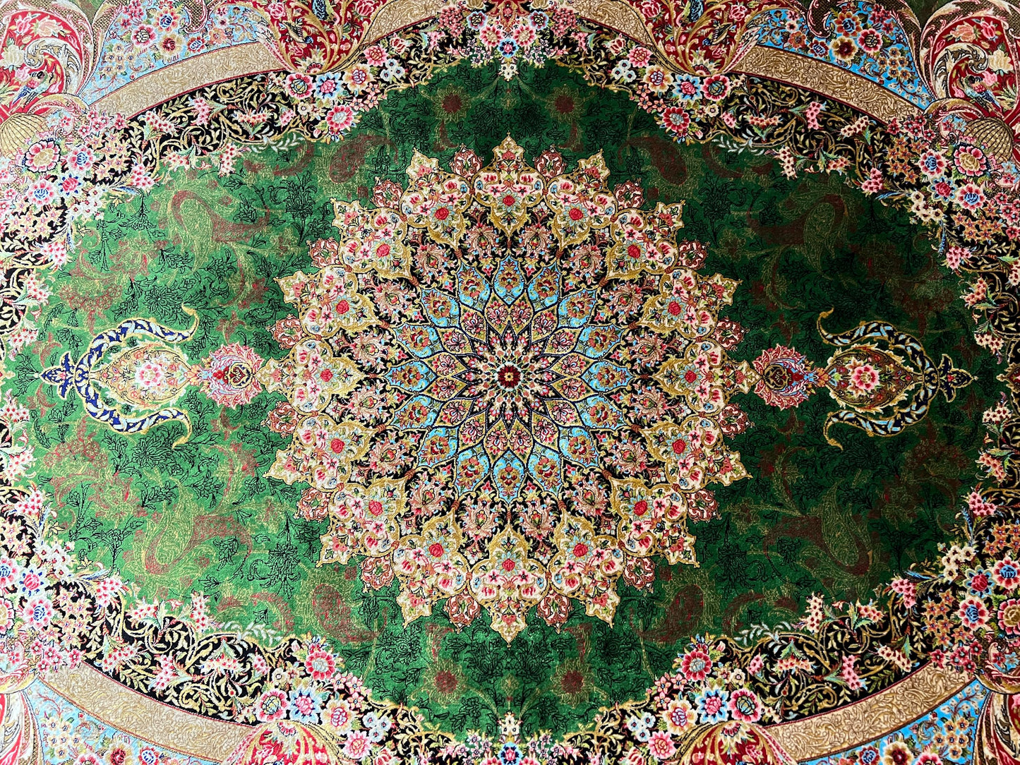 Green Medallion Silk Rug, 3x5 Area Rug, Hallway Runner Rug, Luxury Decor