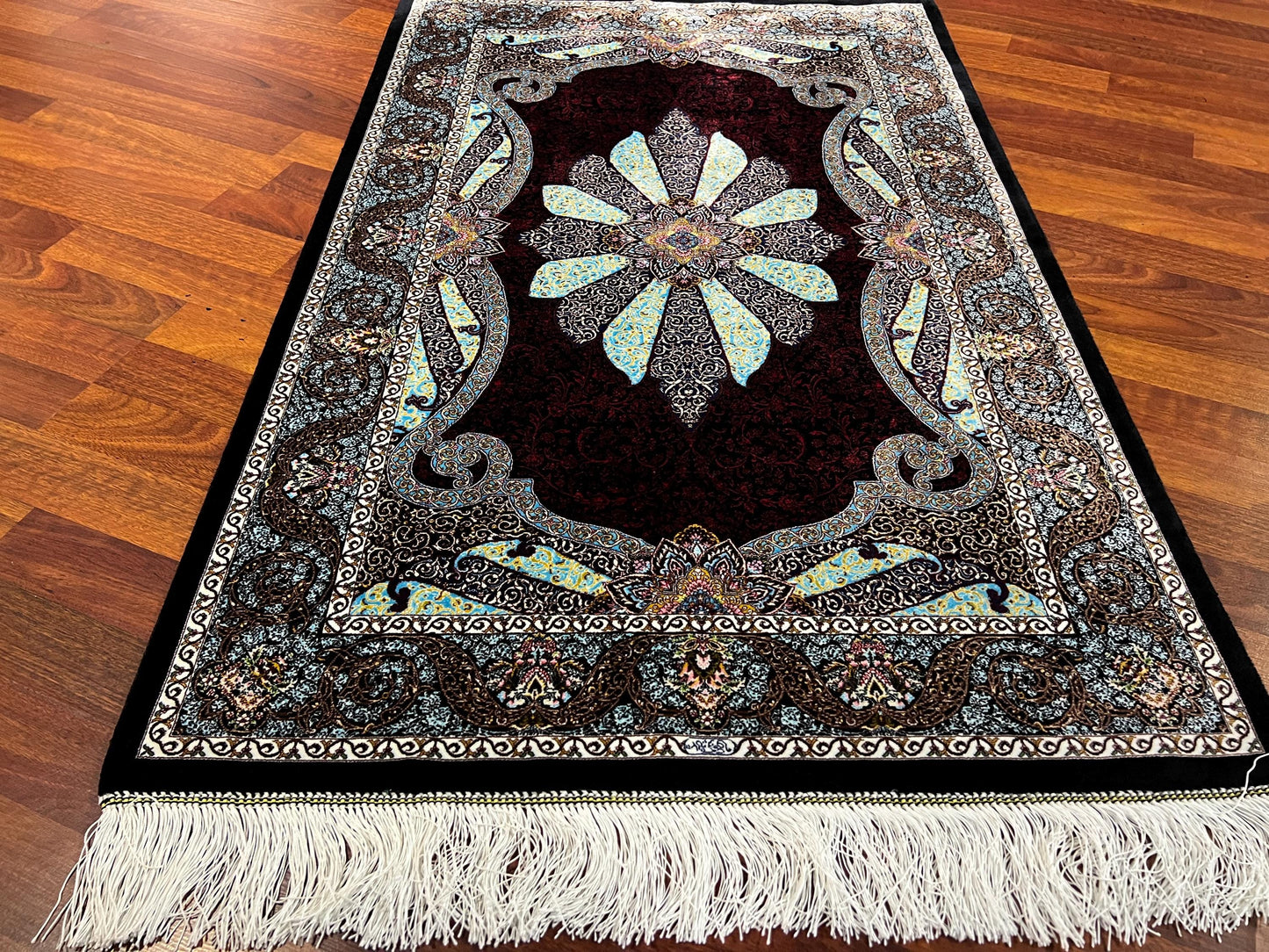 Blue Red Silk Rug, 3x5 Area Rug, Entryway Rug, Hallway Runner Decor