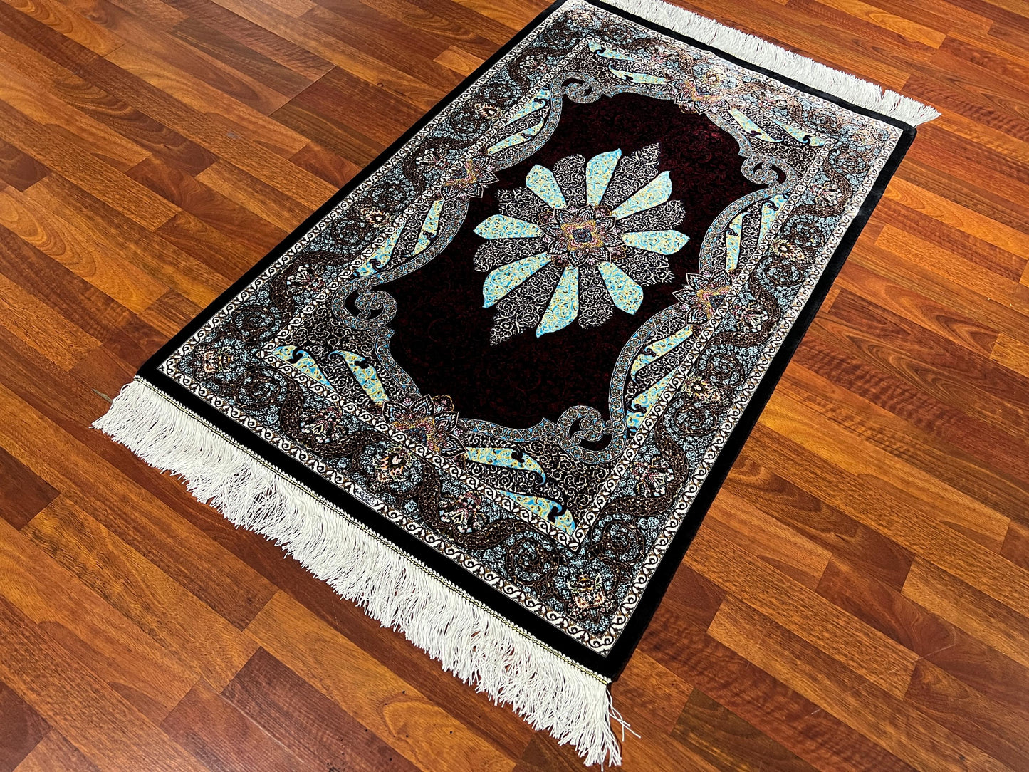 Blue Red Silk Rug, 3x5 Area Rug, Entryway Rug, Hallway Runner Decor