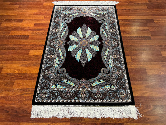 Blue Red Silk Rug, 3x5 Area Rug, Entryway Rug, Hallway Runner Decor