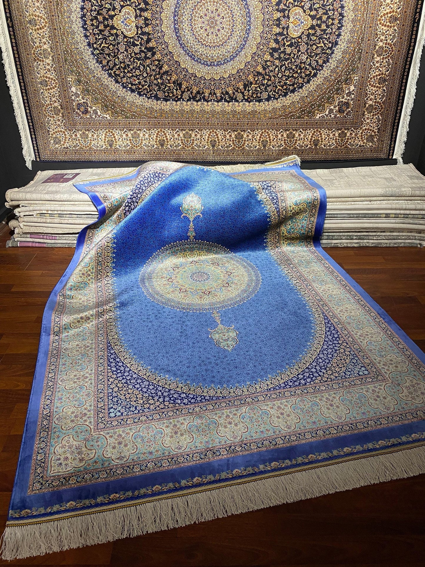 5x8 Blue Medallion Silk Rug, Palace Silk Rug, Turkish Living Room Rug