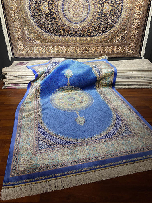 5x8 Blue Medallion Silk Rug, Palace Silk Rug, Turkish Living Room Rug