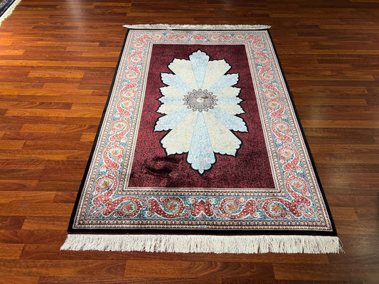 4x6ft Red Blue Runner Silk Rug, 4x6 Hallway Rug, Silk Runner Rug, Kitchen Runner Rug