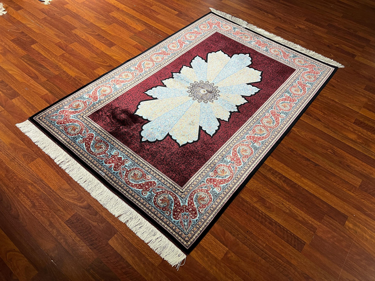 4x6ft Red Blue Runner Silk Rug, 4x6 Hallway Rug, Silk Runner Rug, Kitchen Runner Rug