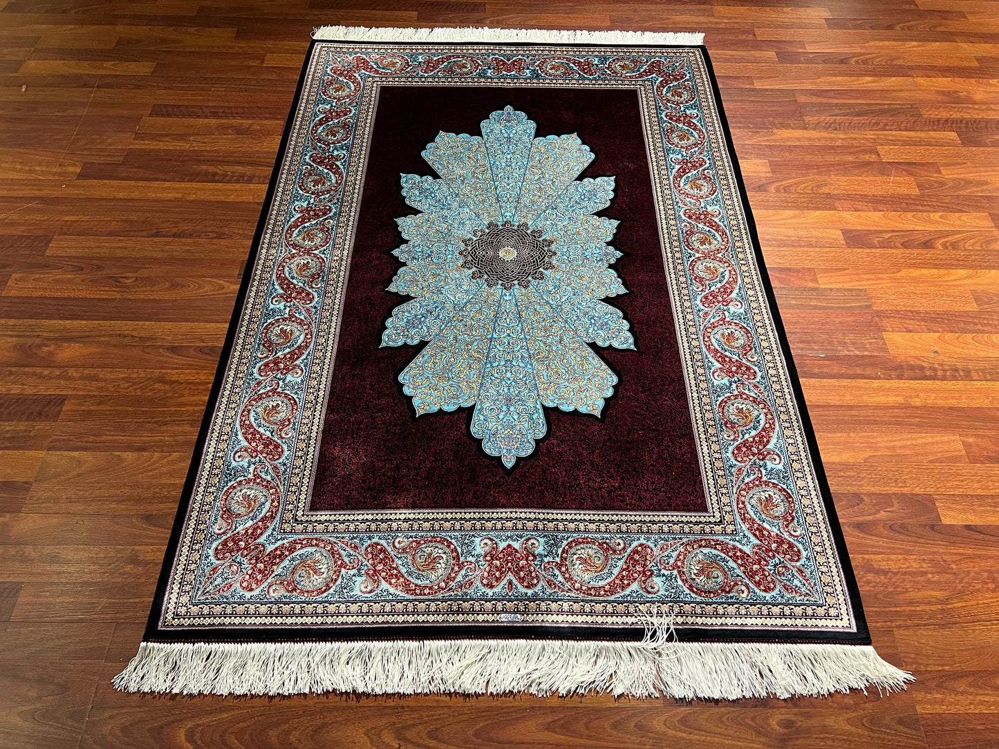 4x6ft Red Blue Runner Silk Rug, 4x6 Hallway Rug, Silk Runner Rug, Kitchen Runner Rug
