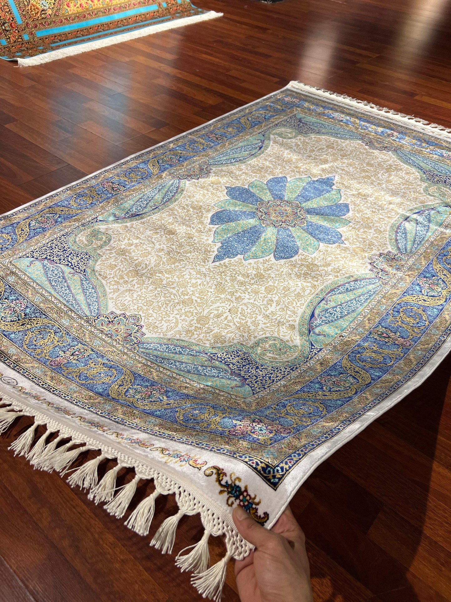 Blue Floral Runner Rug, 4x6 Hallway Rug, Living Room Rug, Turkish Silk Rug