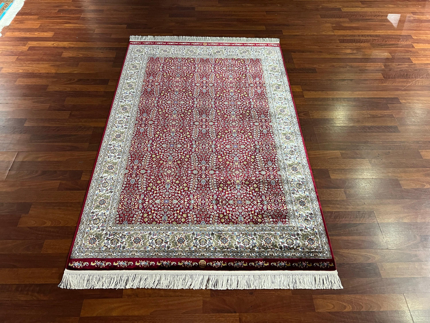 Red Floral Runner Rug, 4x6 Hallway Rug, Bedroom Runner, Turkish Silk Rug