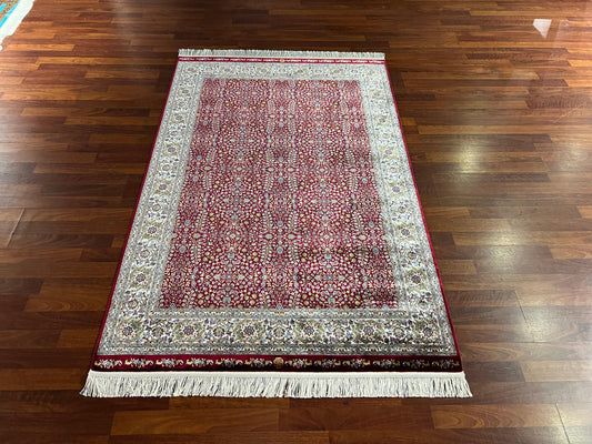 Red Floral Runner Rug, 4x6 Hallway Rug, Bedroom Runner, Turkish Silk Rug