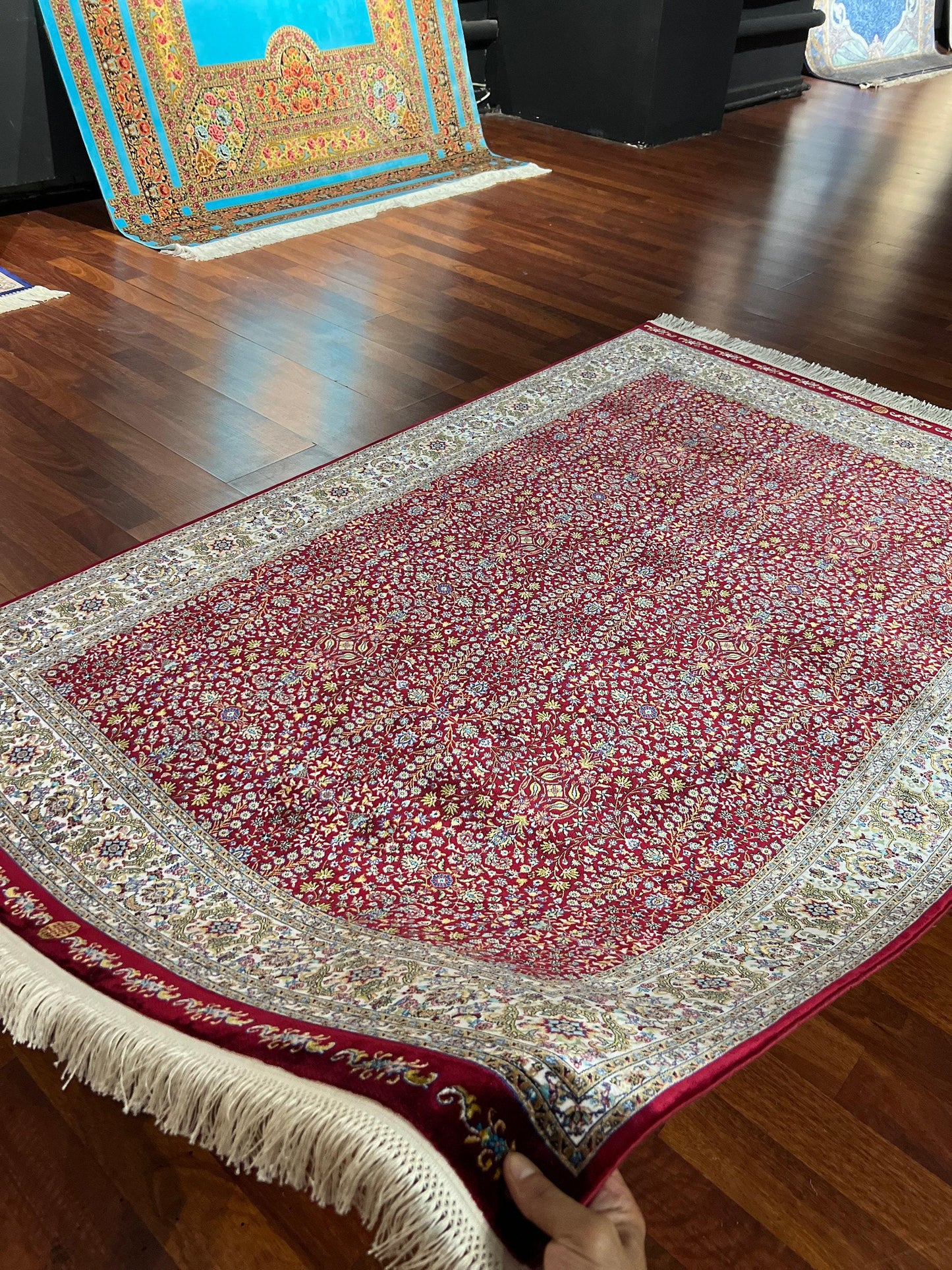 Red Floral Runner Rug, 4x6 Hallway Rug, Bedroom Runner, Turkish Silk Rug