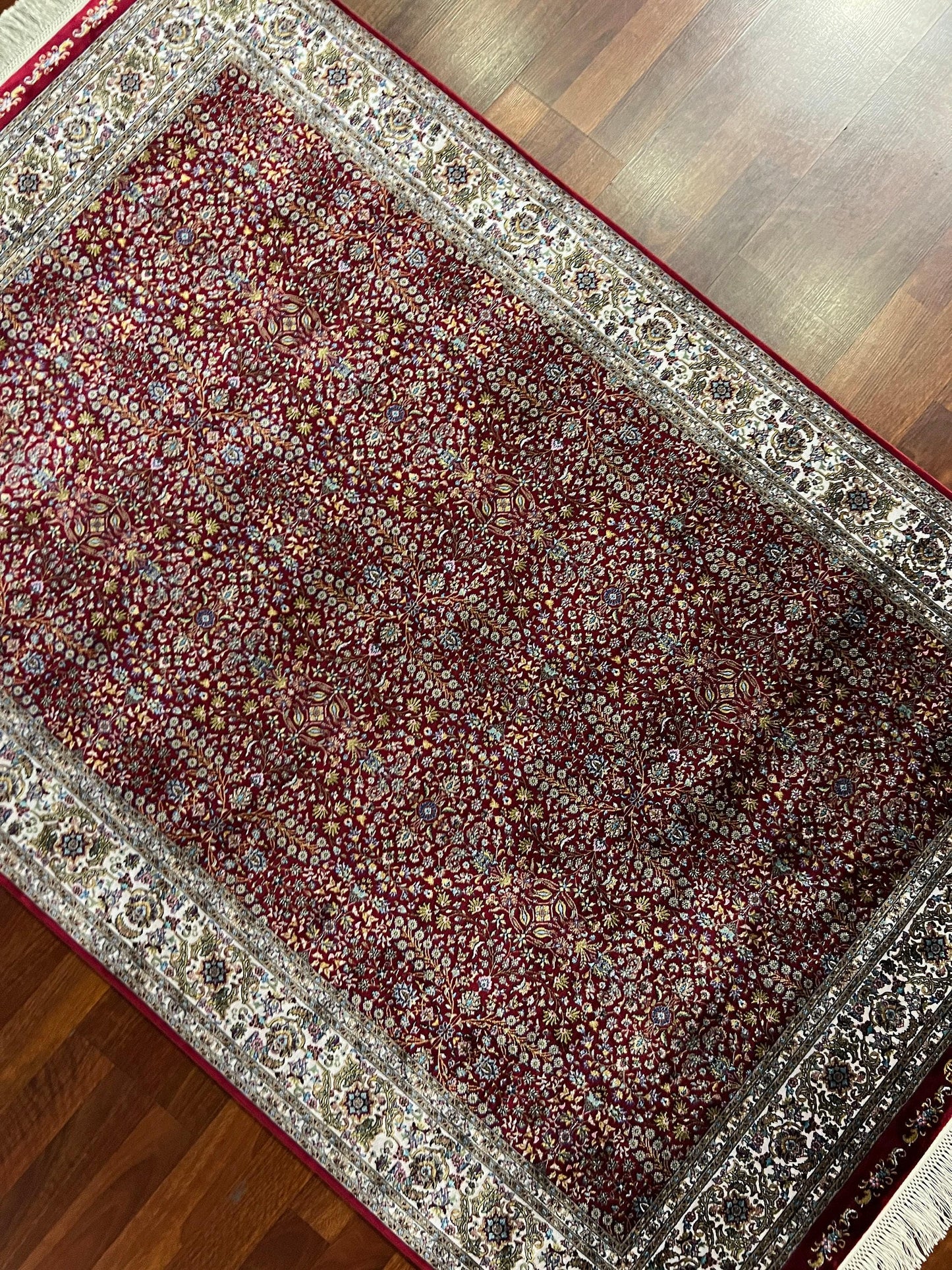 Red Floral Runner Rug, 4x6 Hallway Rug, Bedroom Runner, Turkish Silk Rug