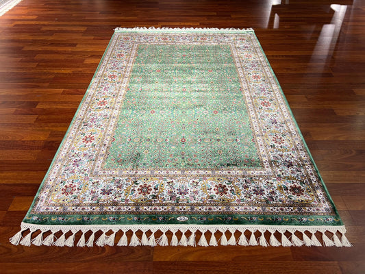 Green Floral Runner Rug, 4x6 Hallway Rug, Silk Runner, Turkish Silk Rug