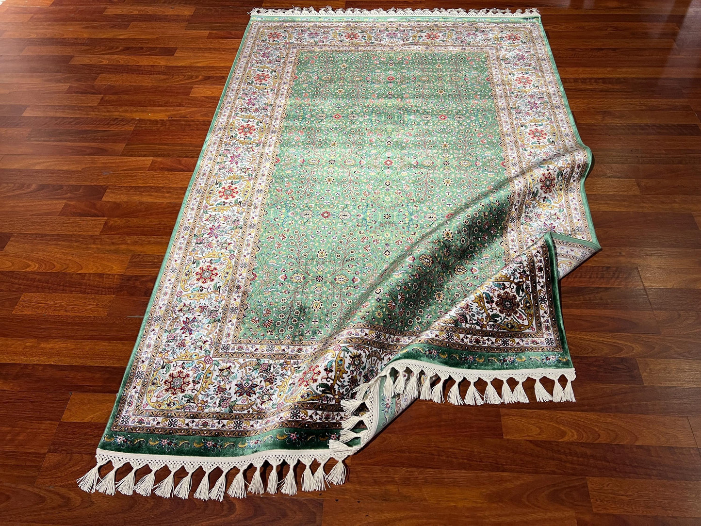 Green Floral Runner Rug, 4x6 Hallway Rug, Silk Runner, Turkish Silk Rug
