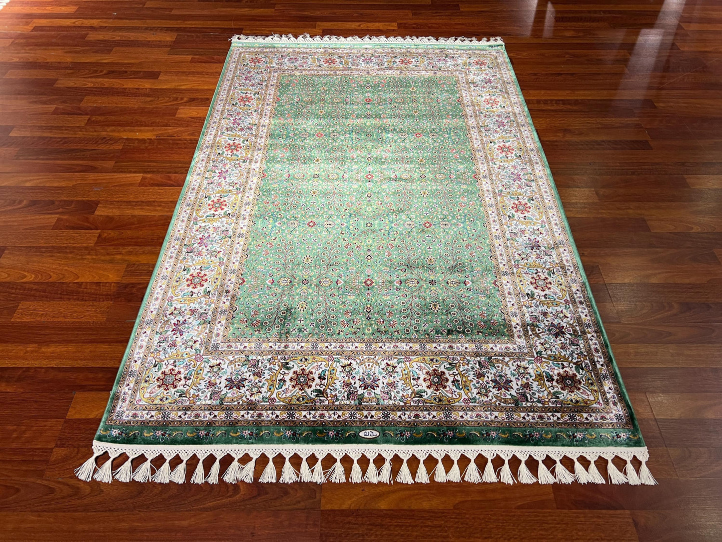 Green Floral Runner Rug, 4x6 Hallway Rug, Silk Runner, Turkish Silk Rug