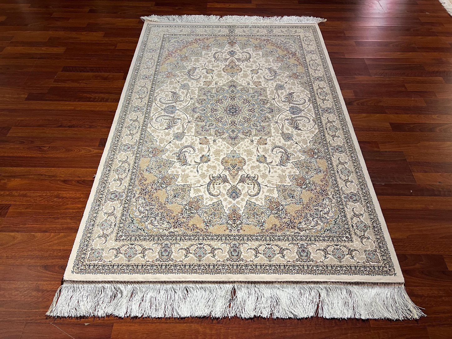 4x6 Medallion Silk Runner Rug, Beige Gold Rug, Hallway Rug, Bedroom Runner, Turkish Silk Rug, Luxury Decor Rug