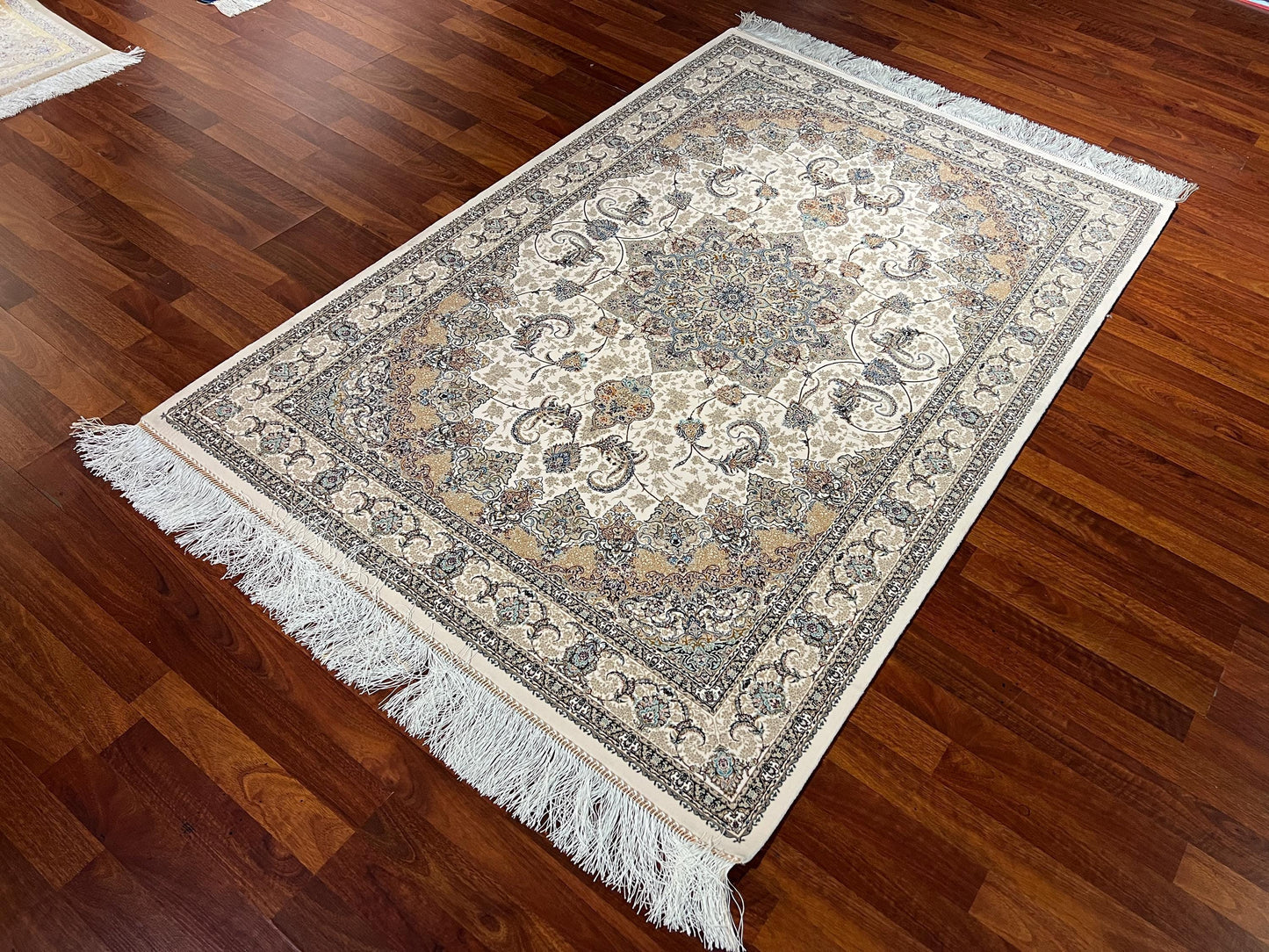 4x6 Medallion Silk Runner Rug, Beige Gold Rug, Hallway Rug, Bedroom Runner, Turkish Silk Rug, Luxury Decor Rug