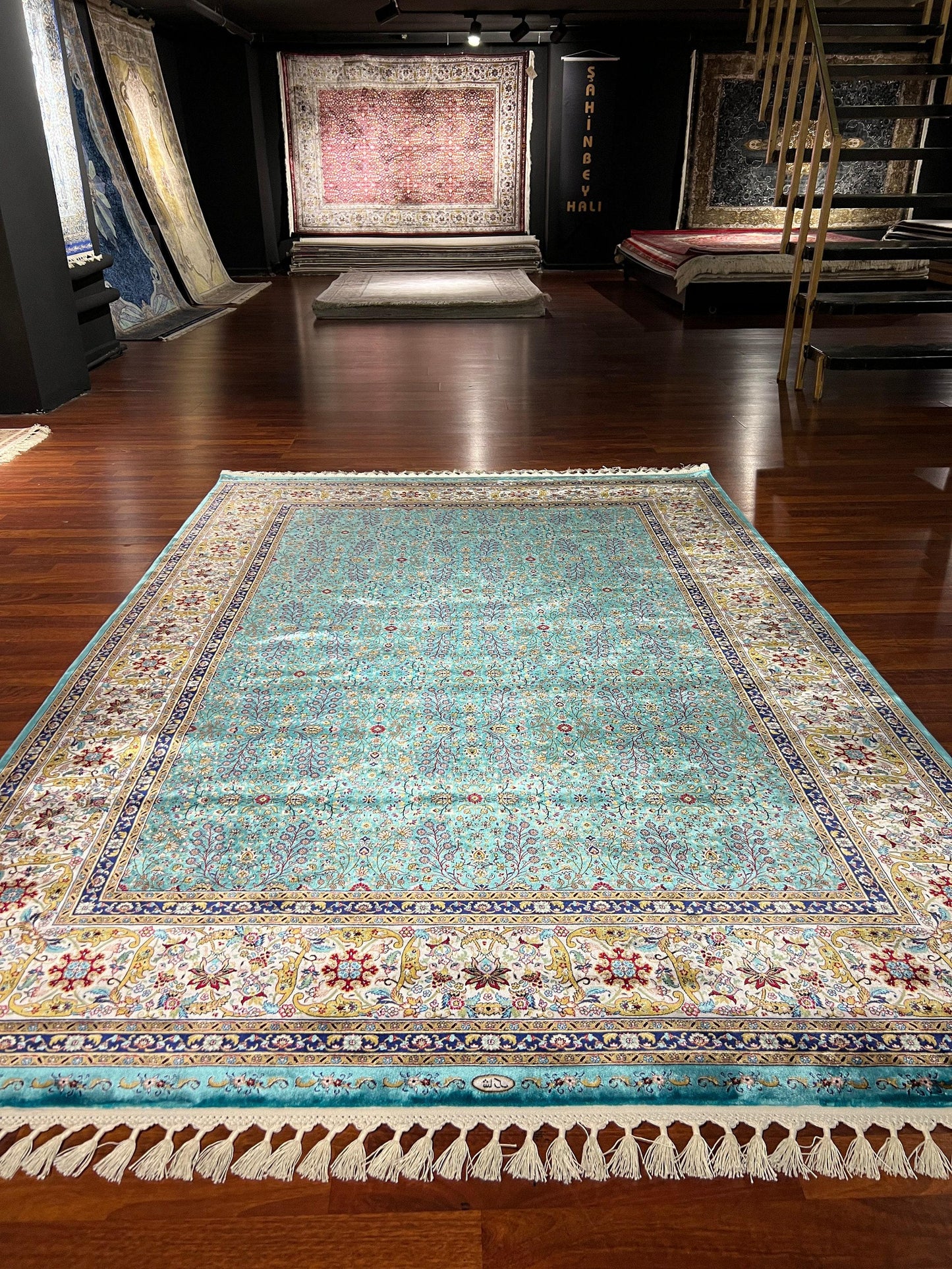 4x6 Blue Silk Runner Rug, Turquoise Floral Rug, Hallway Rug, Bedroom Runner, Turkish Silk Rug, Luxury Decor Rug