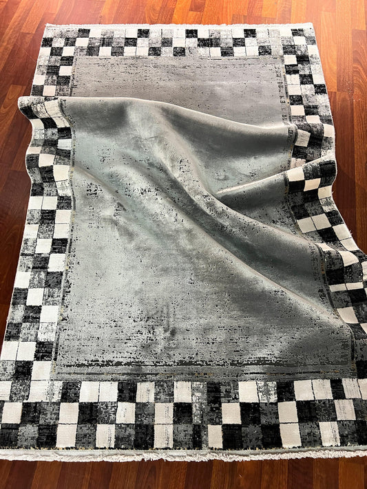 Gray Black Boho Rug, 4x6 Area Rug, Turkish Bamboo Rug, Modern Decor Rug, Geometric Rug, Entryway Rug, Living Room Rug