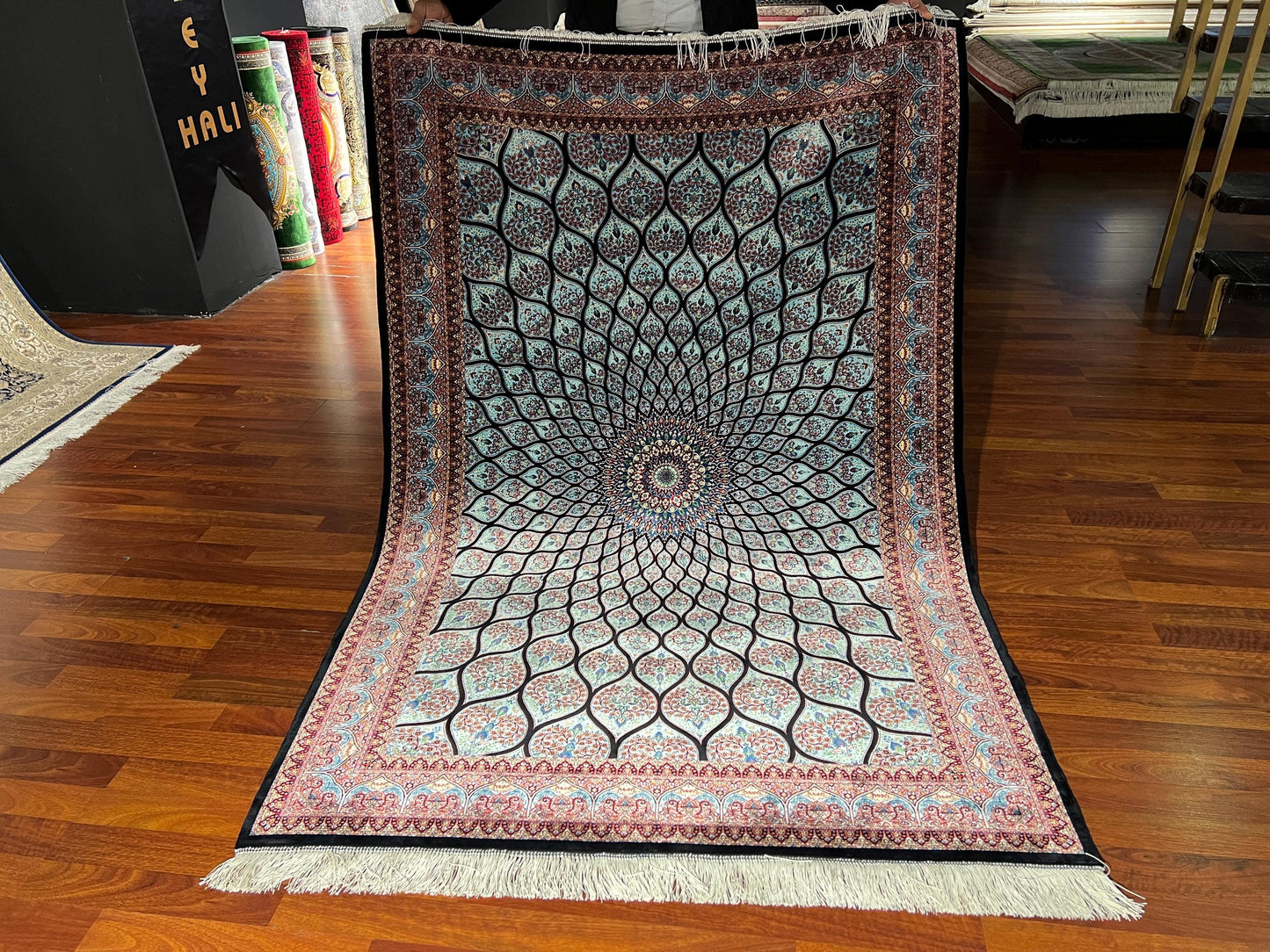 Black Blue Dome Pattern Silk Rug, 4x6 Area Rug, Luxury Living Room Rug, Turkish Silk Rug, Classic Dome Design Rug, Elegant Decor