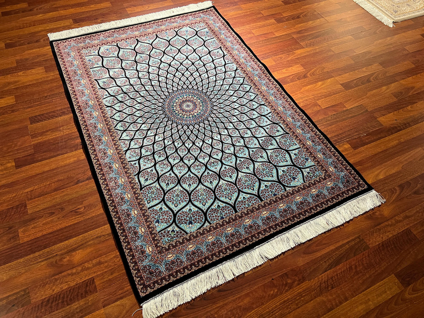 Black Blue Dome Pattern Silk Rug, 4x6 Area Rug, Luxury Living Room Rug, Turkish Silk Rug, Classic Dome Design Rug, Elegant Decor