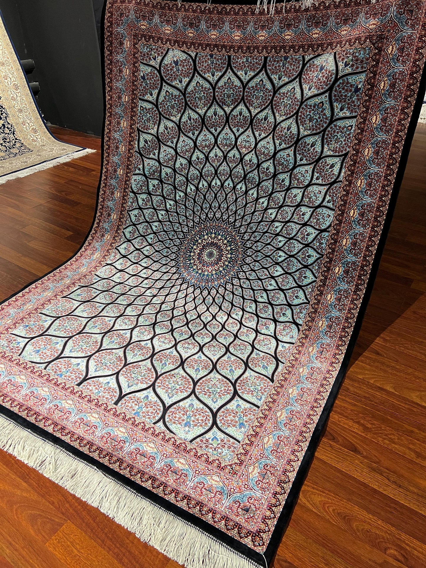 Black Blue Dome Pattern Silk Rug, 4x6 Area Rug, Luxury Living Room Rug, Turkish Silk Rug, Classic Dome Design Rug, Elegant Decor