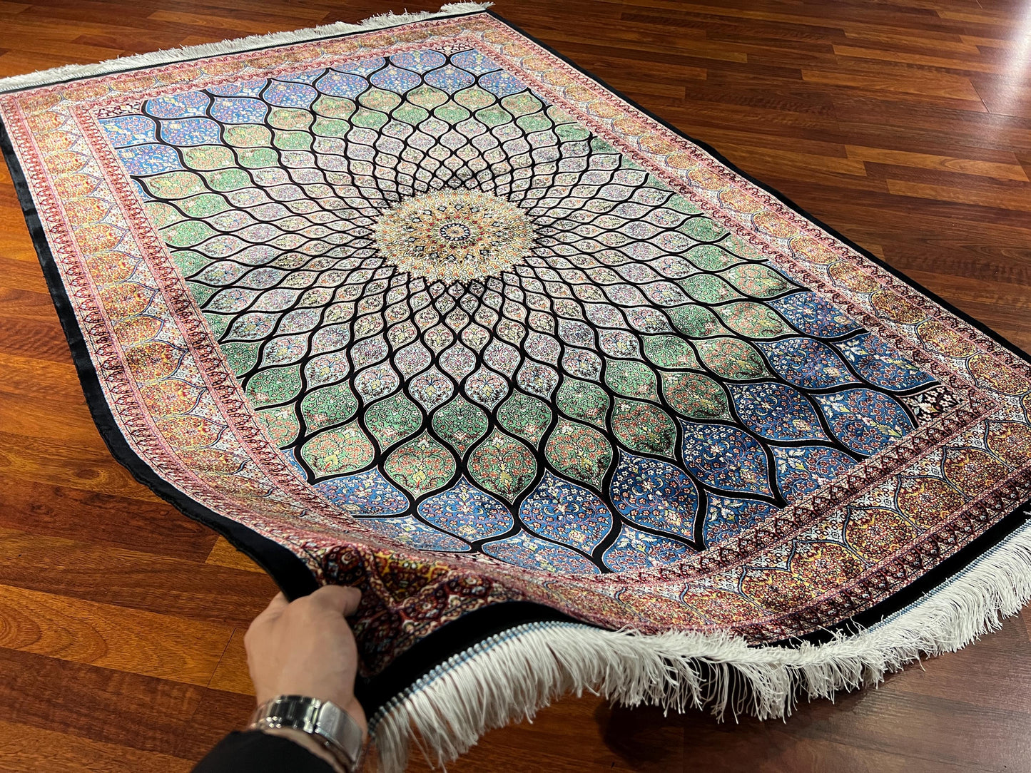 Blue Beige Floral Silk Rug, 4x6 Area Rug, Living Room Rug, Turkish Silk Rug, Luxury Home Decor Rug, Classic Floral Rug