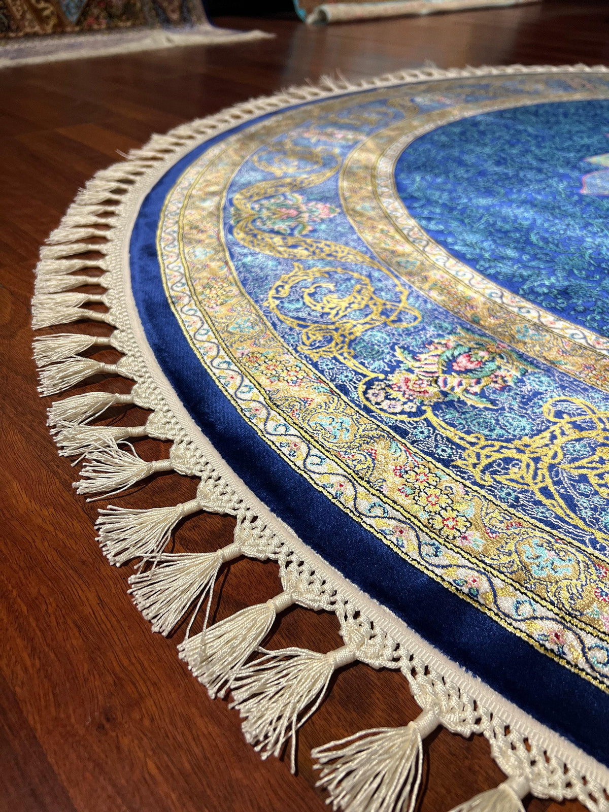 5x5 Blue Round Silk Rug, Circle Rug, Floral Medallion Rug, Turkish Round Rug, Luxury Silk Rug, Home Decor Rug