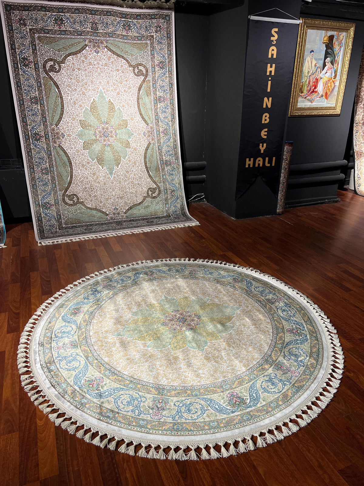 5x5ft Beige Green Round Silk Rug, Circle Rug 5x5, Floral Medallion Rug, Luxury Silk Rug, Turkish Round Rug, Home Decor Rug