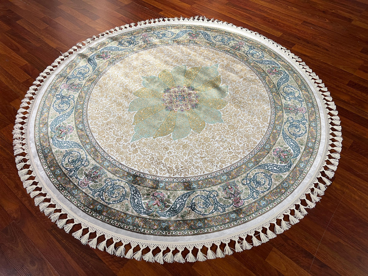 5x5ft Beige Green Round Silk Rug, Circle Rug 5x5, Floral Medallion Rug, Luxury Silk Rug, Turkish Round Rug, Home Decor Rug