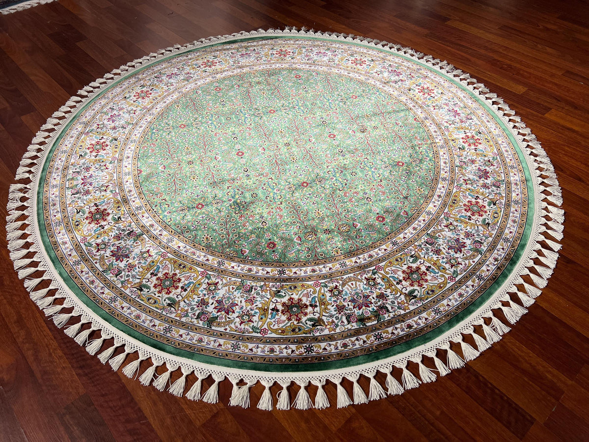 Green Beige Round Silk Rug, Circle Rug 5x5, Floral Medallion Rug, Luxury Silk Rug, Turkish Round Rug, Home Decor Rug