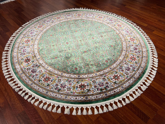 Green Beige Round Silk Rug, Circle Rug 5x5, Floral Medallion Rug, Luxury Silk Rug, Turkish Round Rug, Home Decor Rug