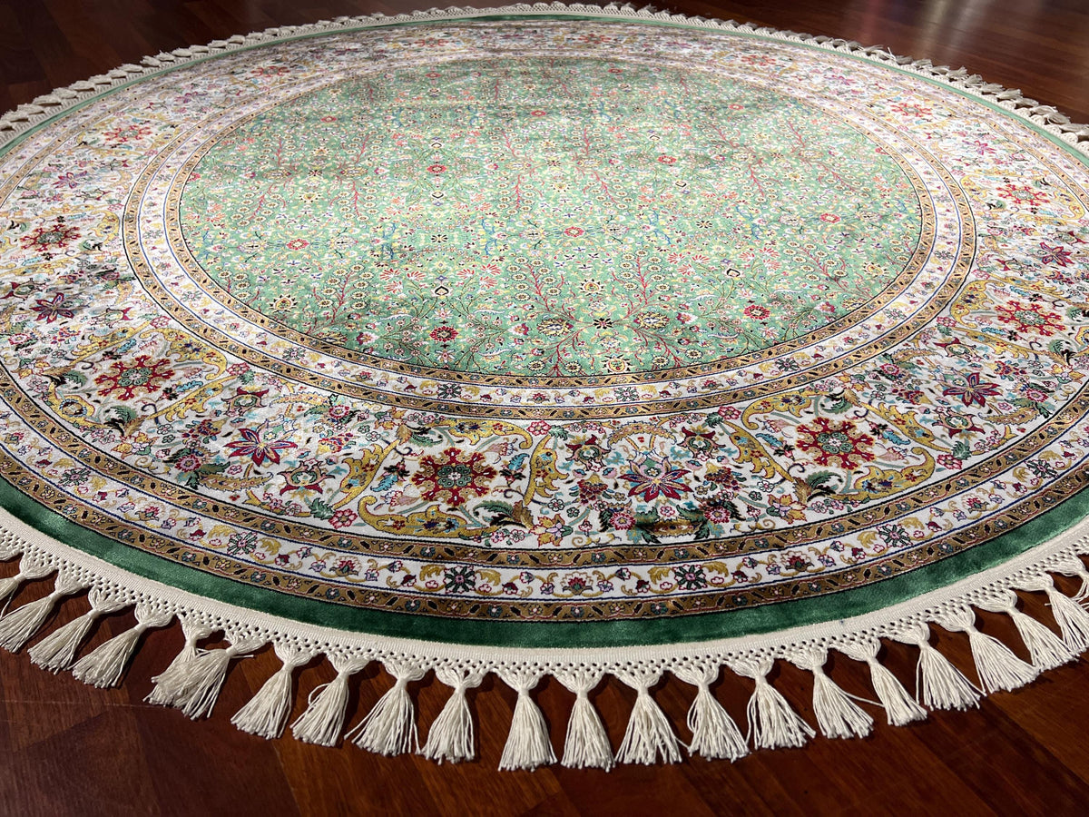 Green Beige Round Silk Rug, Circle Rug 5x5, Floral Medallion Rug, Luxury Silk Rug, Turkish Round Rug, Home Decor Rug
