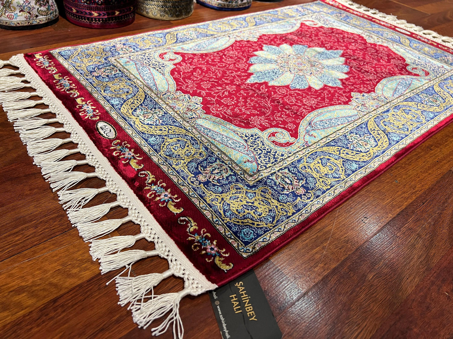 Red Blue Floral Rug, 2x3 Bamboo Silk Rug, Turkish Mini Gift Rug